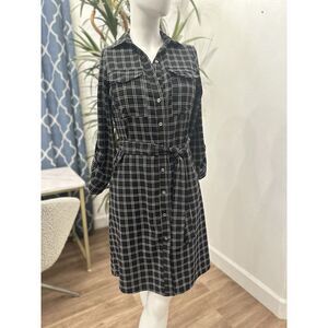 NY Collection Shirt Dress Women Small‎ Belted Button Front Black White Stretch S